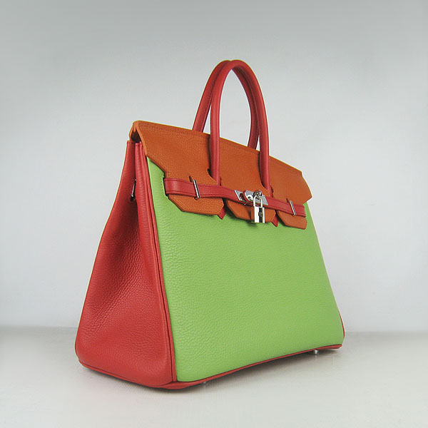 High Quality Fake Hermes 35CM Embossed Veins Leather Bag Red/Orange/Green 6089